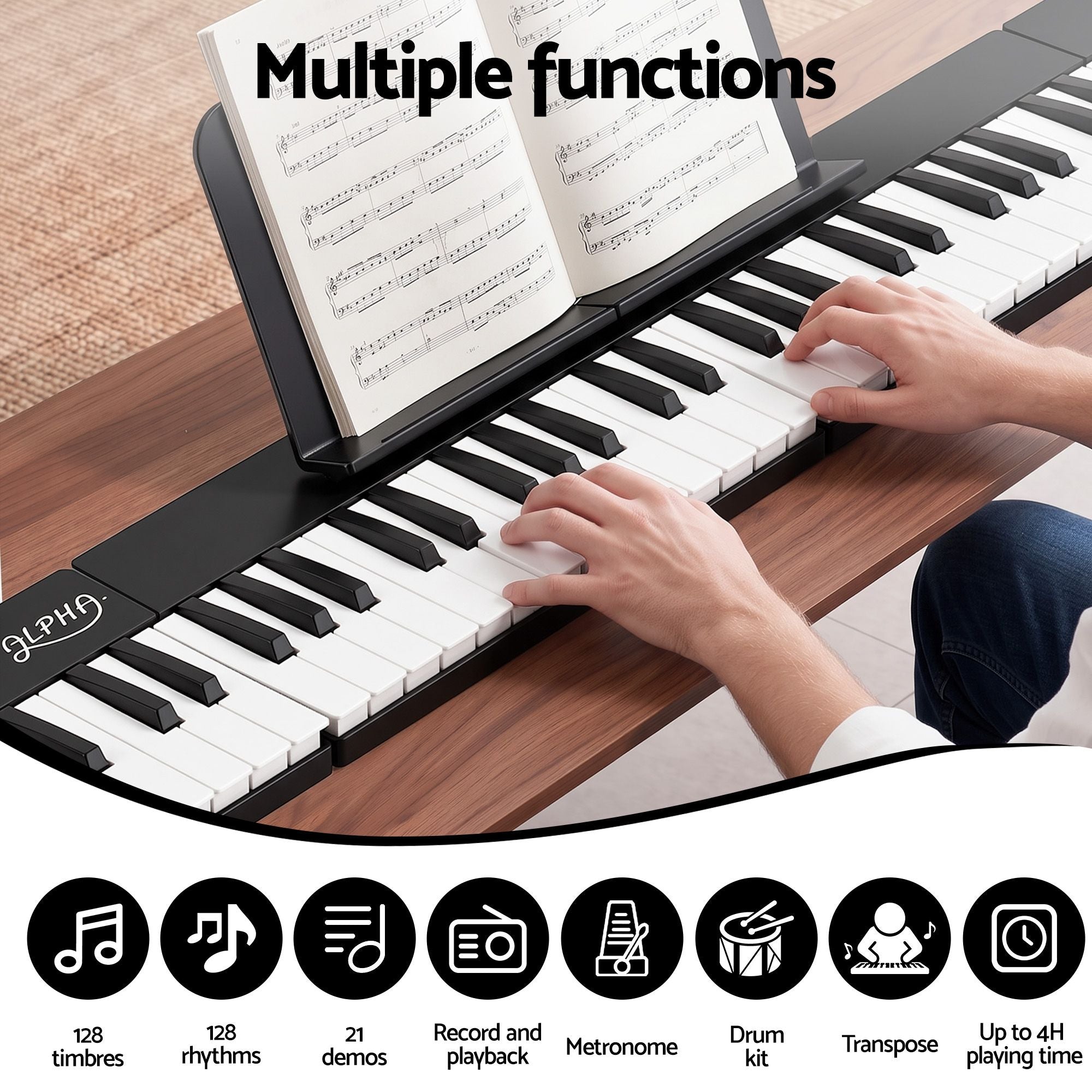 Alpha 88 Key Folding Electronic Keyboard Digital Piano Portable MIDI Black