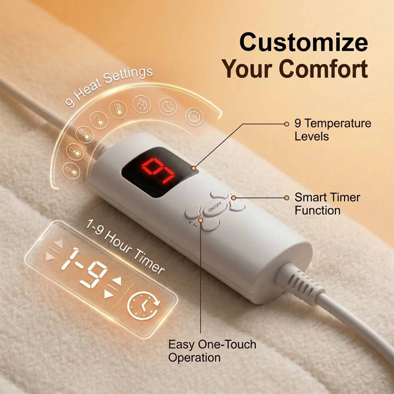 Bedding Electric Blanket with Controller and 9 Heat Settings Home Bedroom