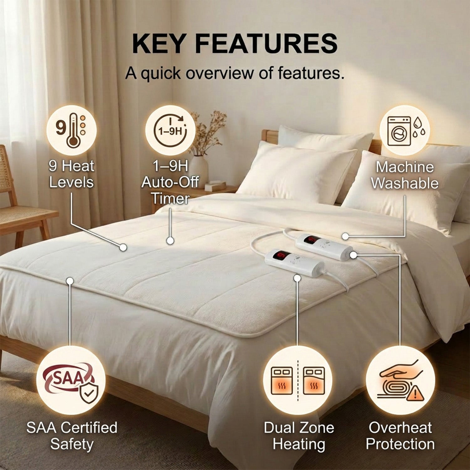 Bedding Electric Blanket with Controller and 9 Heat Settings Home Bedroom