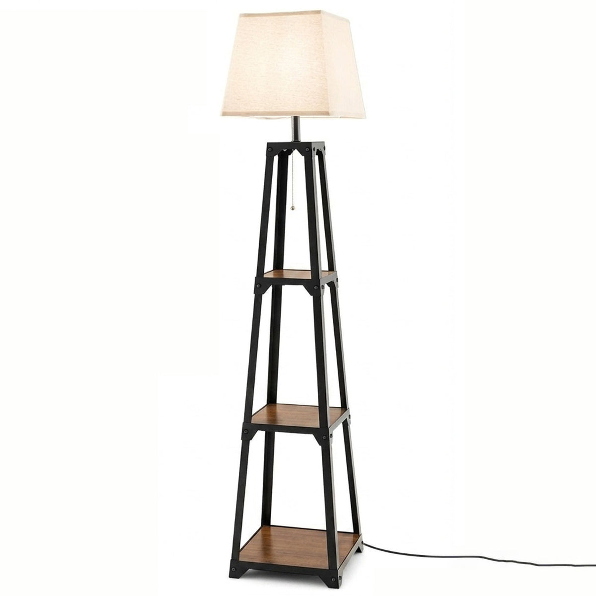 Trapezoidal Design Floor Lamp Linen Shade Modern Living Room Light Black