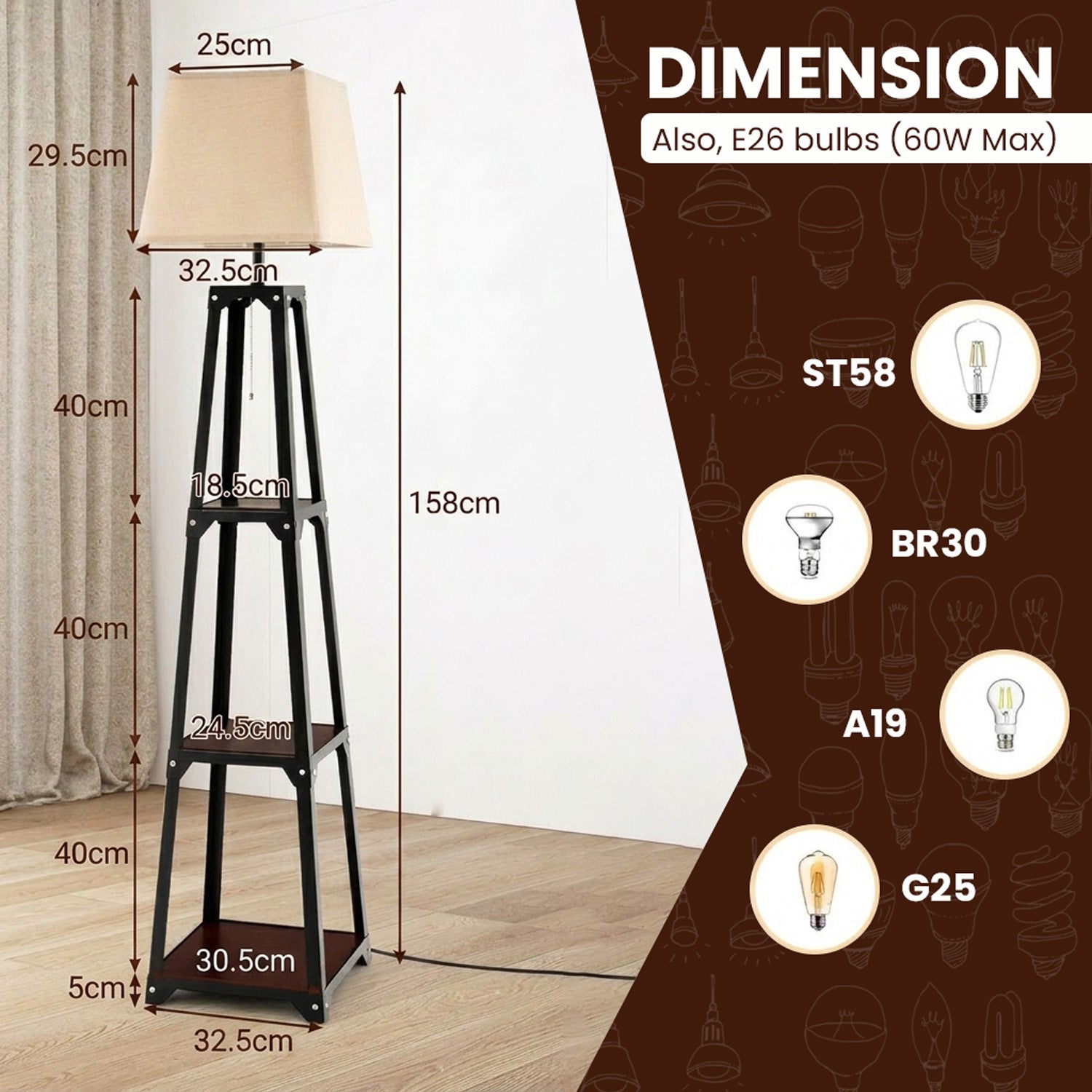 Trapezoidal Design Floor Lamp Linen Shade Modern Living Room Light Black