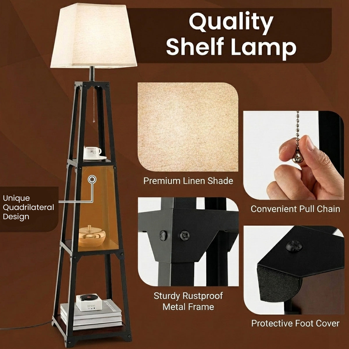 Trapezoidal Design Floor Lamp Linen Shade Modern Living Room Light Black