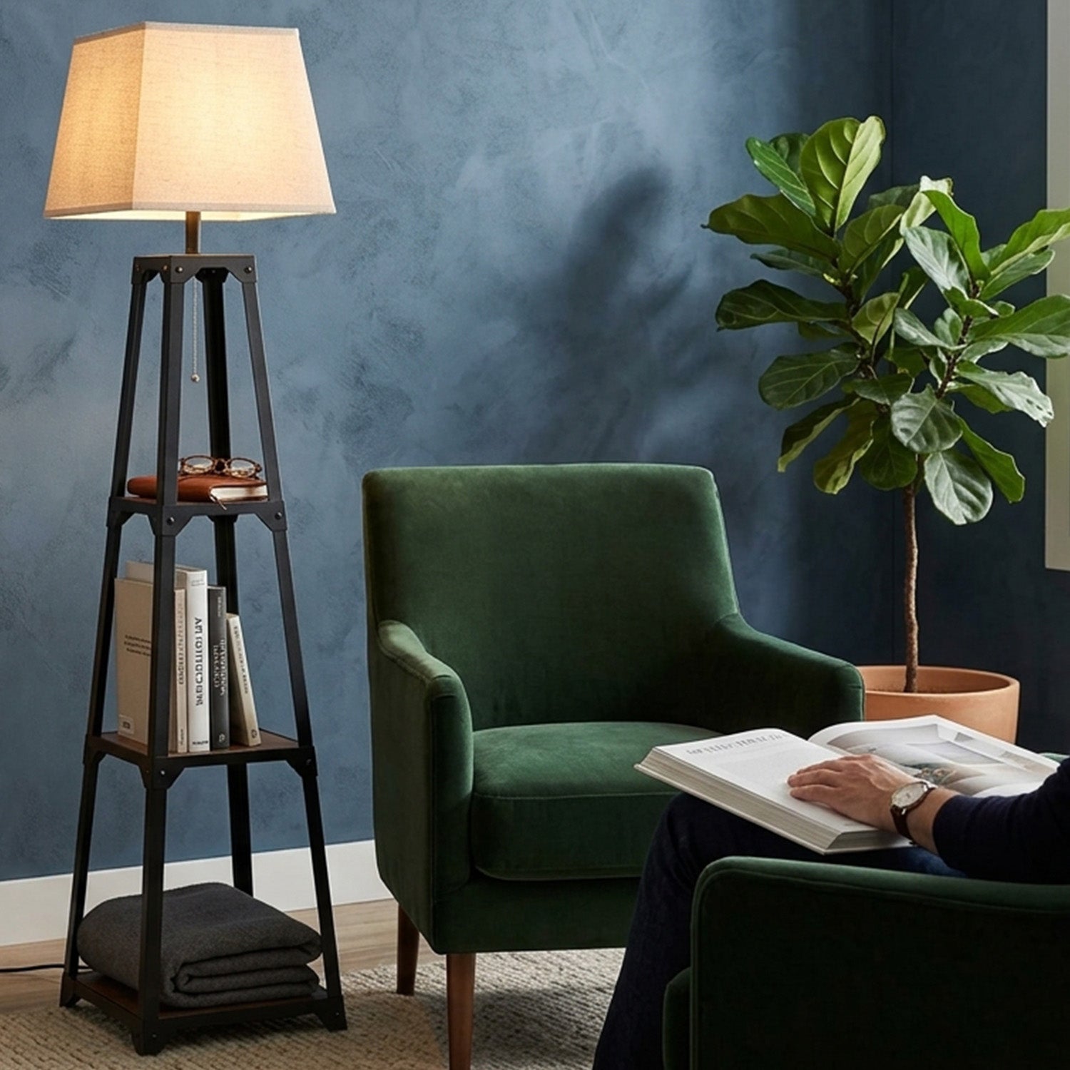 Trapezoidal Design Floor Lamp Linen Shade Modern Living Room Light Black