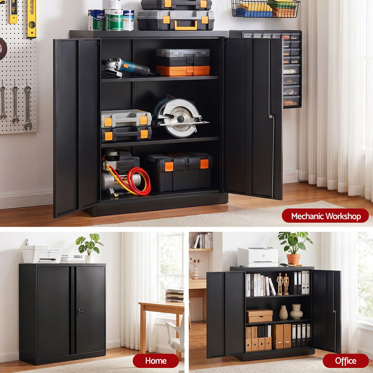 Artiss 100cm Steel Locker Cabinet Filing Storage 3-Point Lock Adjust Black