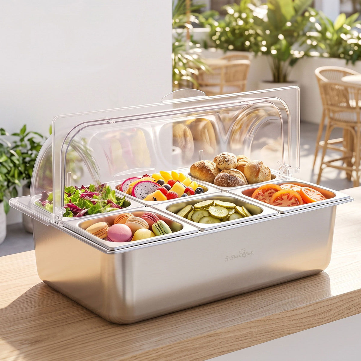5-Star Chef 6 Pan Food Serving Display Stainless Steel Platter Roll Top Cover