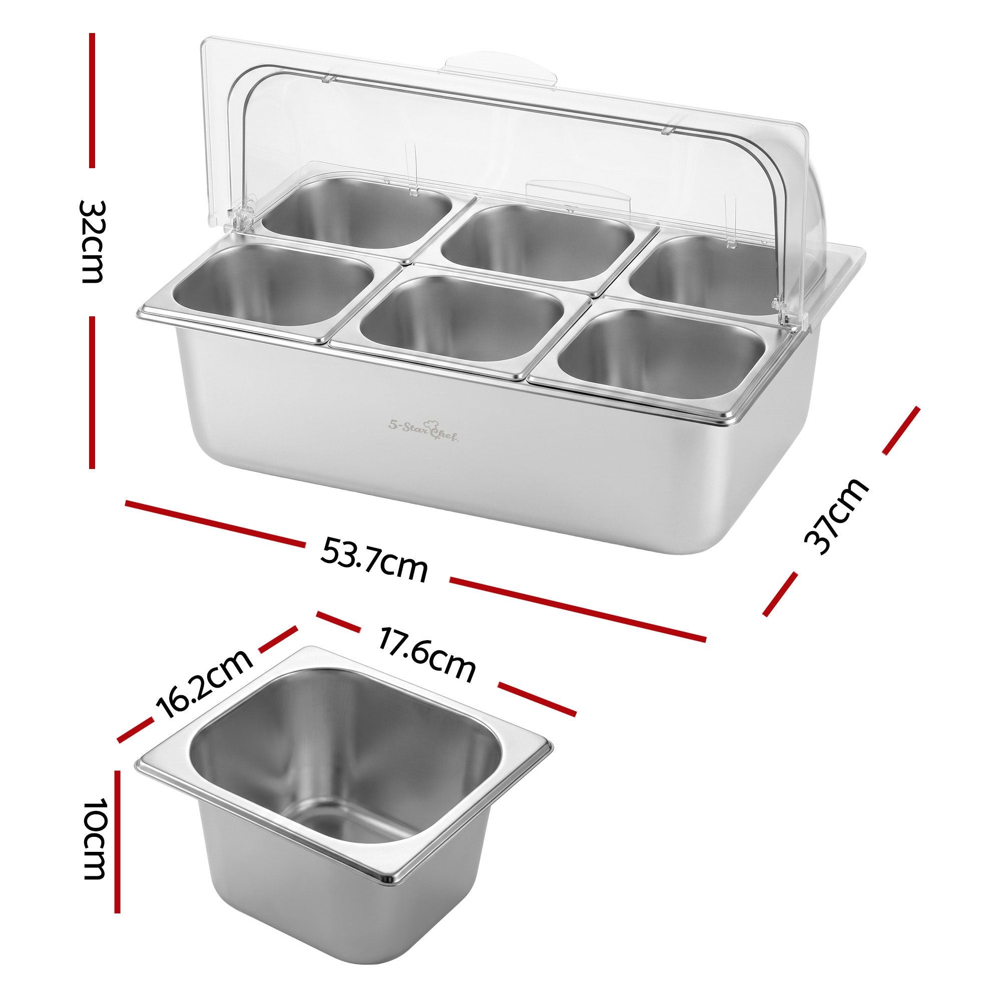 5-Star Chef 6 Pan Food Serving Display Stainless Steel Platter Roll Top Cover
