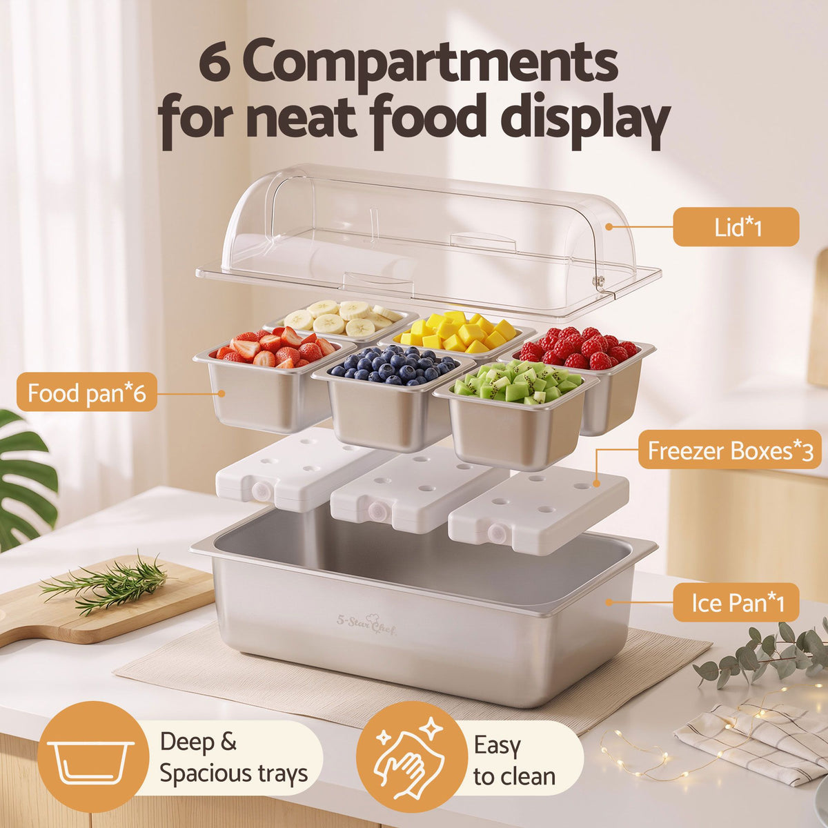 5-Star Chef 6 Pan Food Serving Display Stainless Steel Platter Roll Top Cover