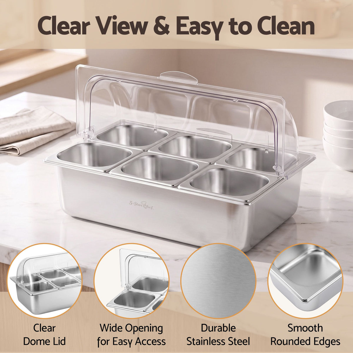 5-Star Chef 6 Pan Food Serving Display Stainless Steel Platter Roll Top Cover