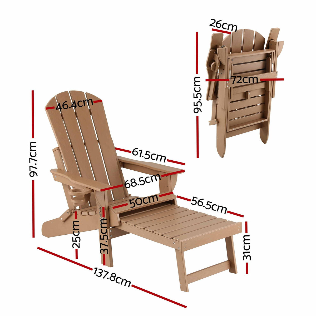 Gardeon Folding Sun Lounger Adirondack Chair Outdoor Setting HDPE Recliner Khaki