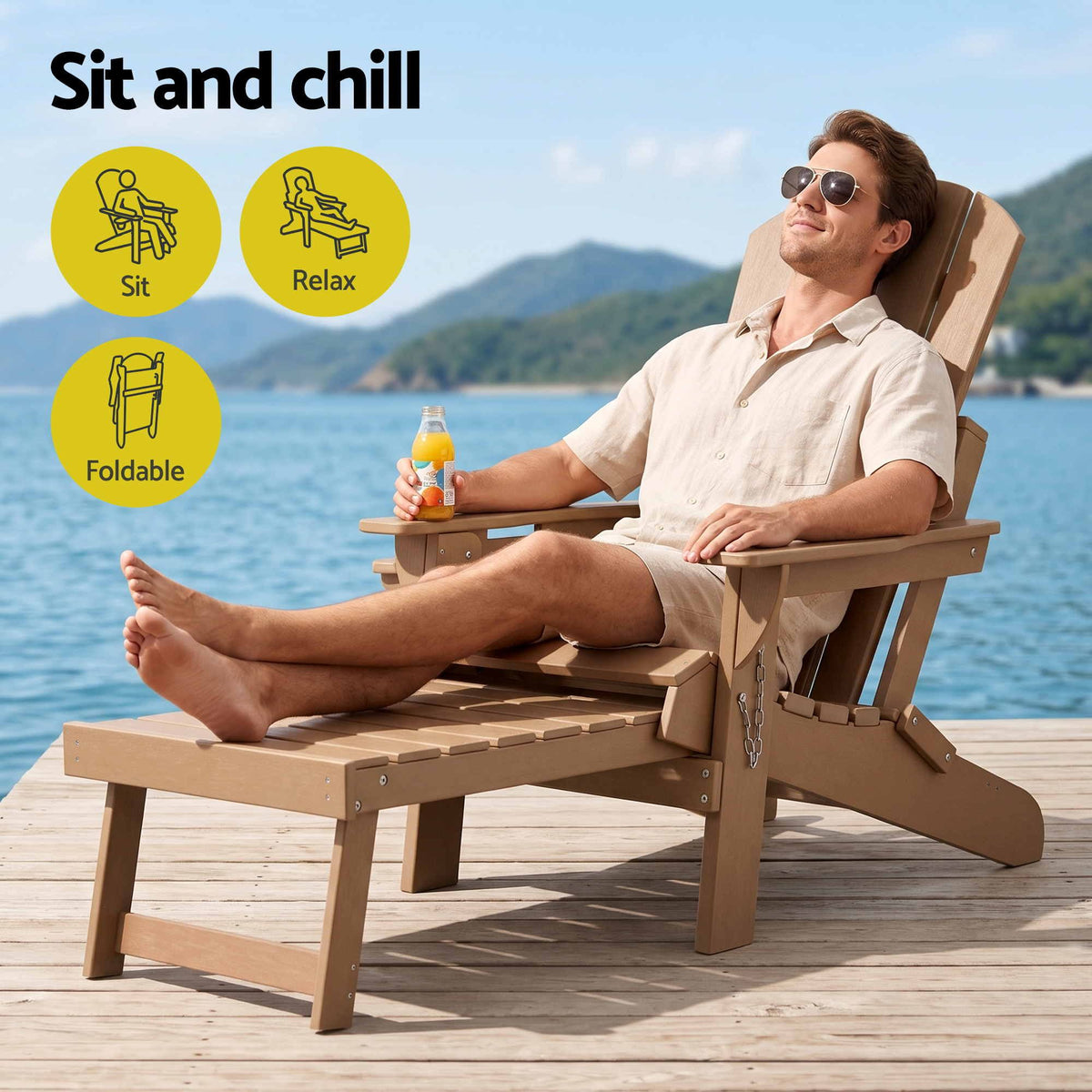 Gardeon Folding Sun Lounger Adirondack Chair Outdoor Setting HDPE Recliner Khaki