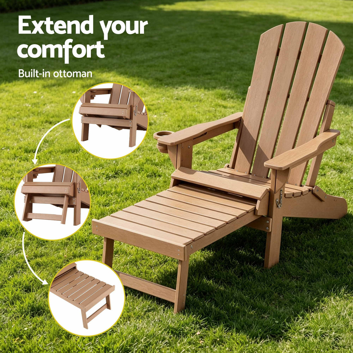 Gardeon Folding Sun Lounger Adirondack Chair Outdoor Setting HDPE Recliner Khaki