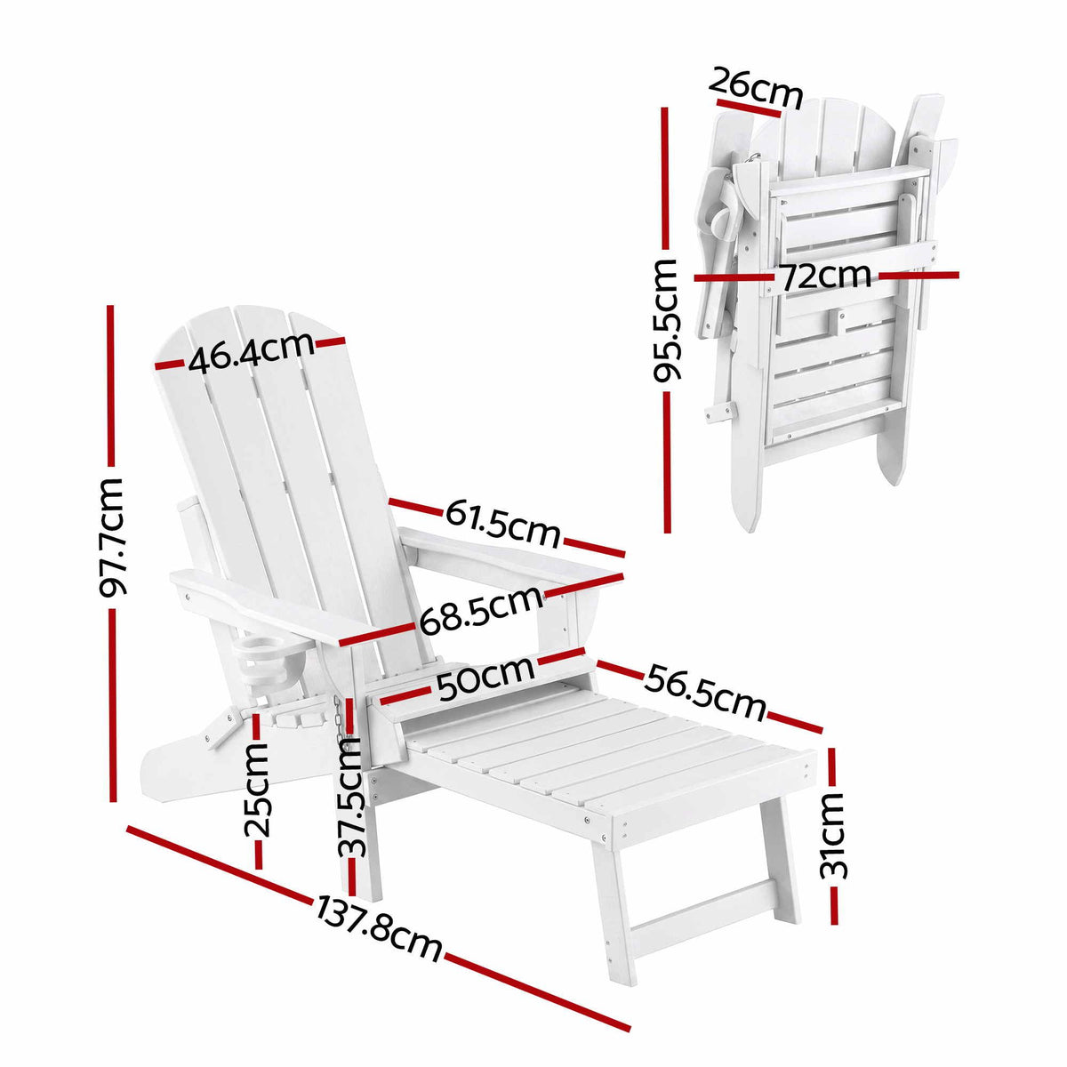 Gardeon Folding Sun Lounger Adirondack Chair Outdoor Setting HDPE Recliner White