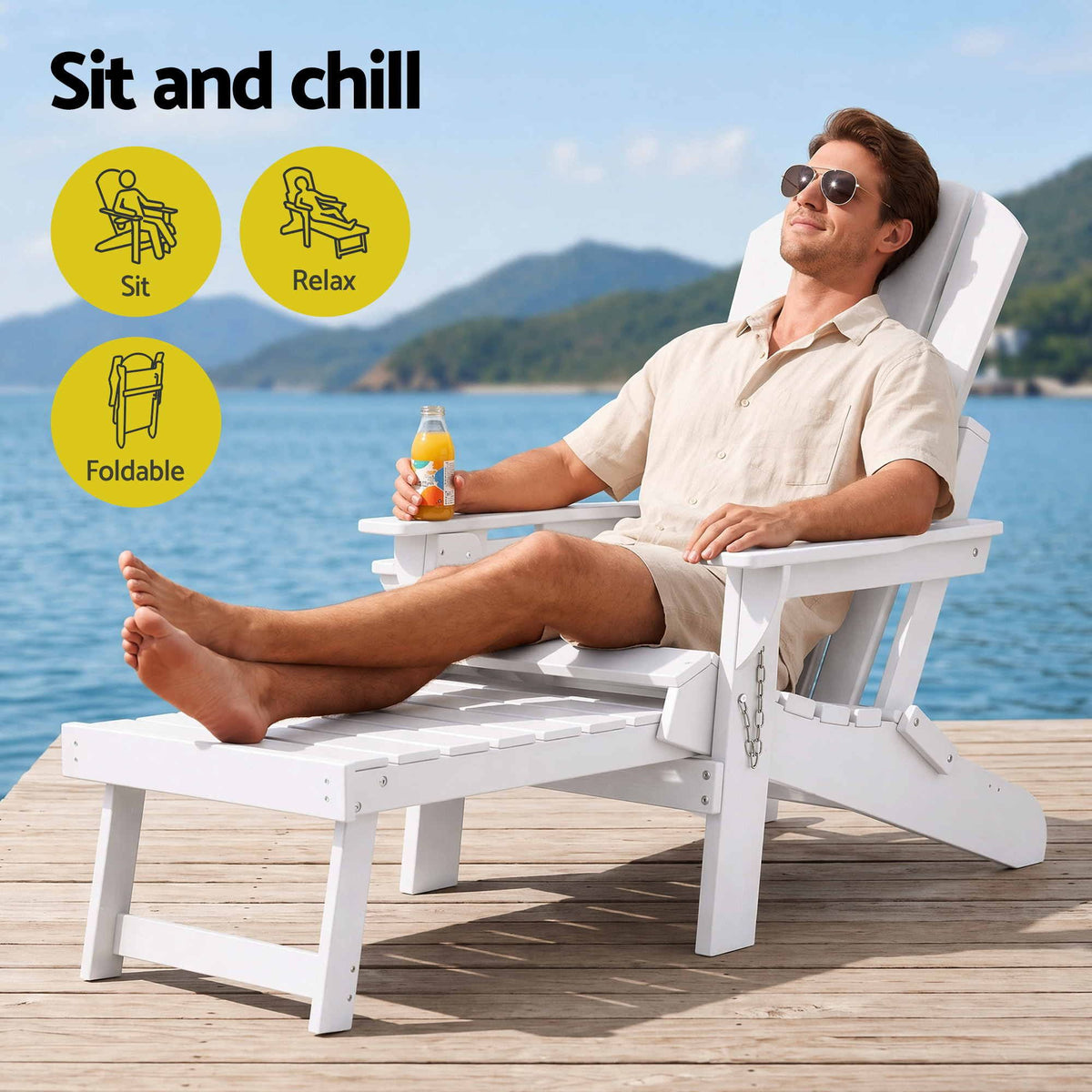 Gardeon Folding Sun Lounger Adirondack Chair Outdoor Setting HDPE Recliner White