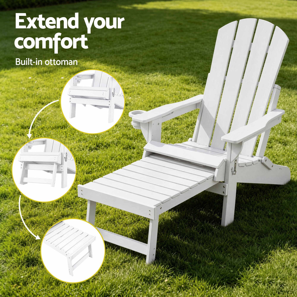 Gardeon Folding Sun Lounger Adirondack Chair Outdoor Setting HDPE Recliner White