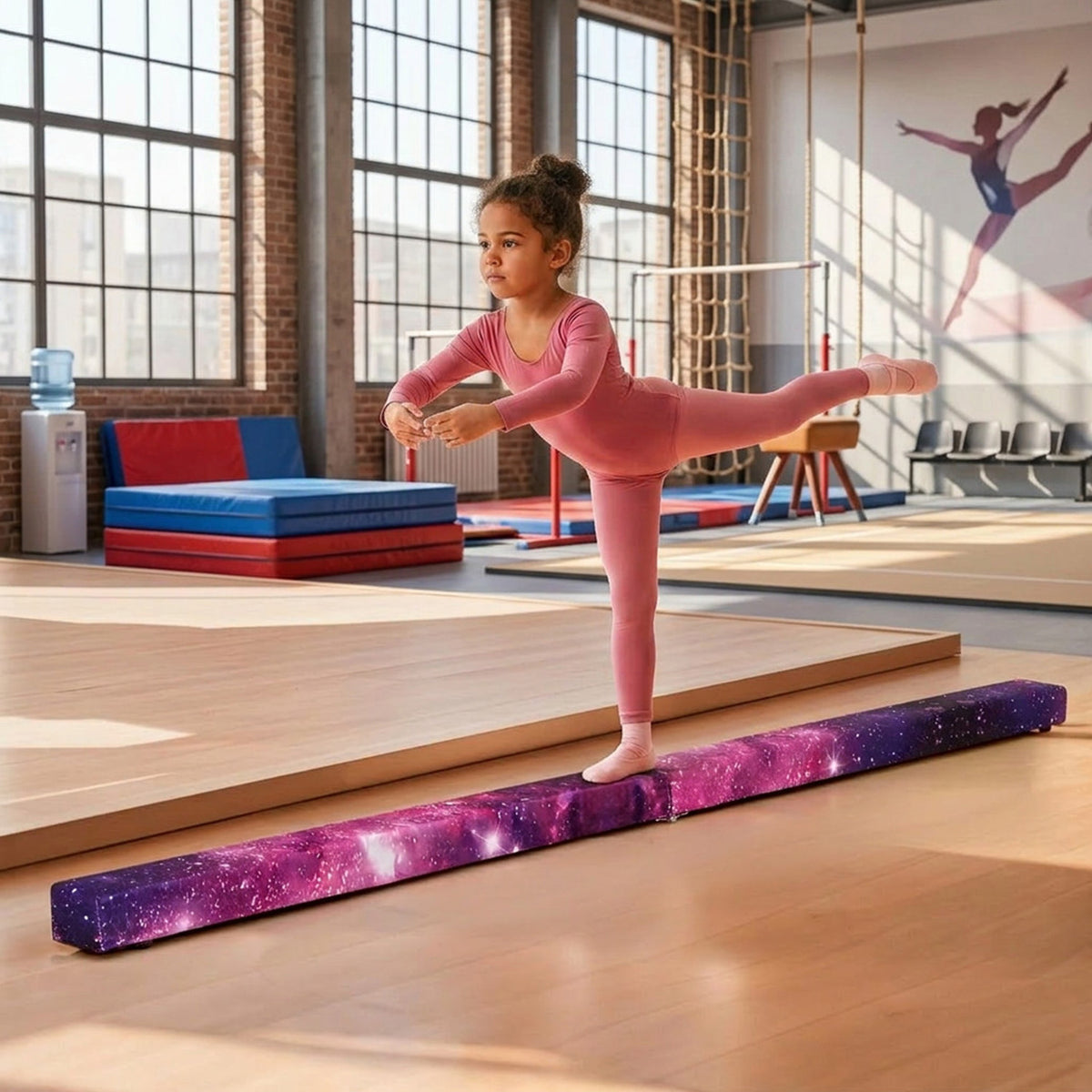 8FT Folding Balance Beam Solid Wood Base Anti Slip Bottom Gymnastics Training