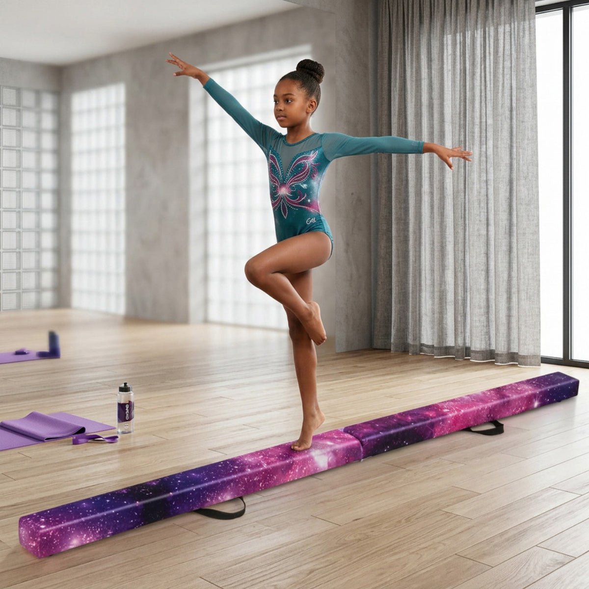 8FT Folding Balance Beam Solid Wood Base Anti Slip Bottom Gymnastics Training