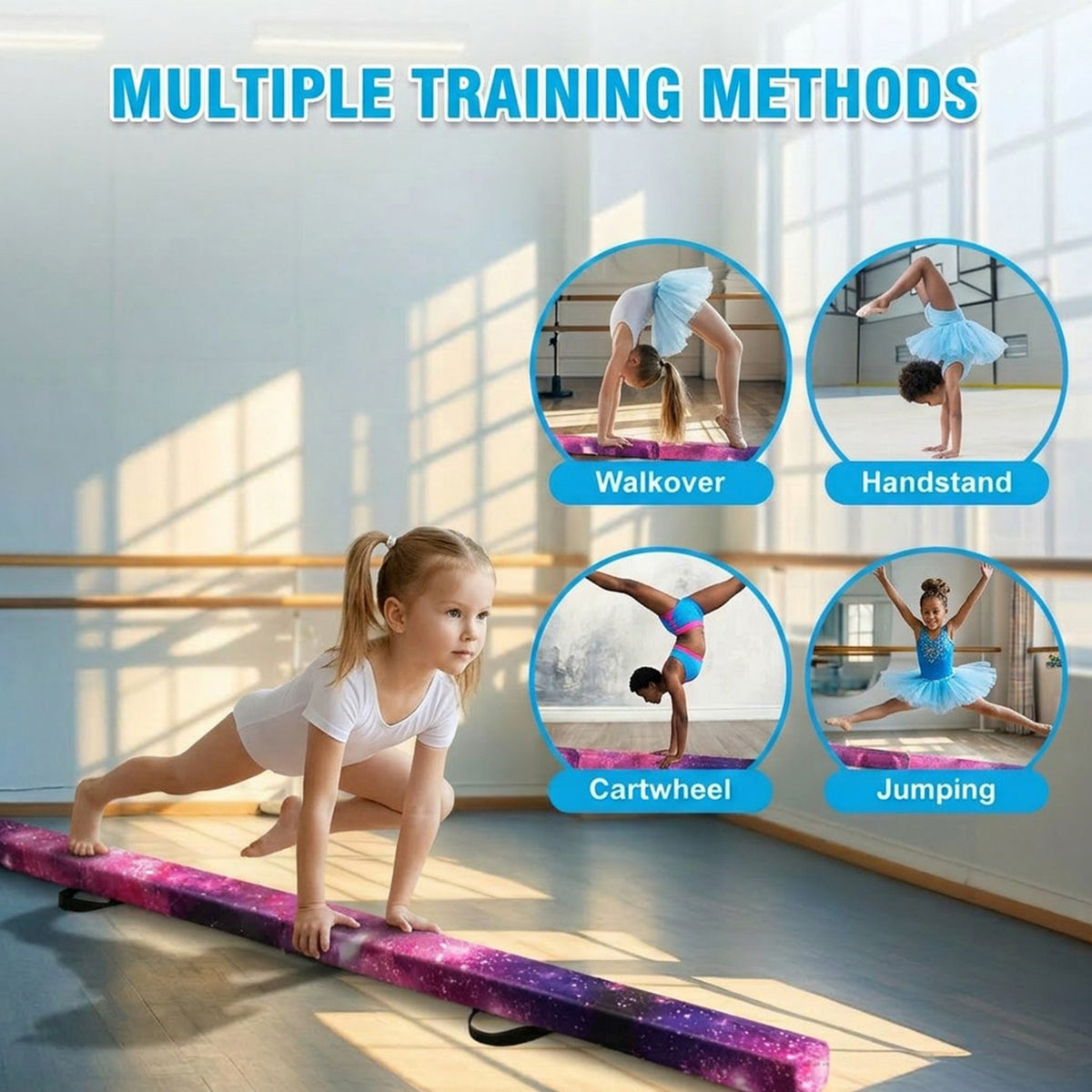 8FT Folding Balance Beam Solid Wood Base Anti Slip Bottom Gymnastics Training
