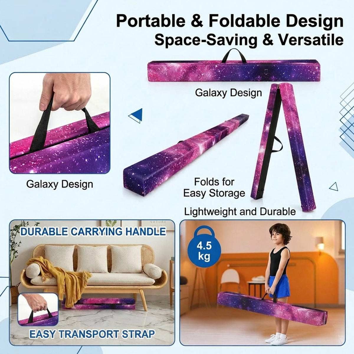 8FT Folding Balance Beam Solid Wood Base Anti Slip Bottom Gymnastics Training