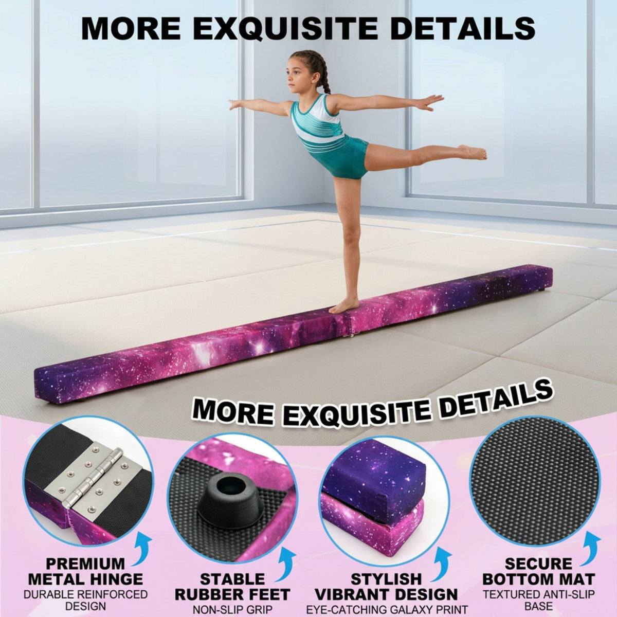 8FT Folding Balance Beam Solid Wood Base Anti Slip Bottom Gymnastics Training