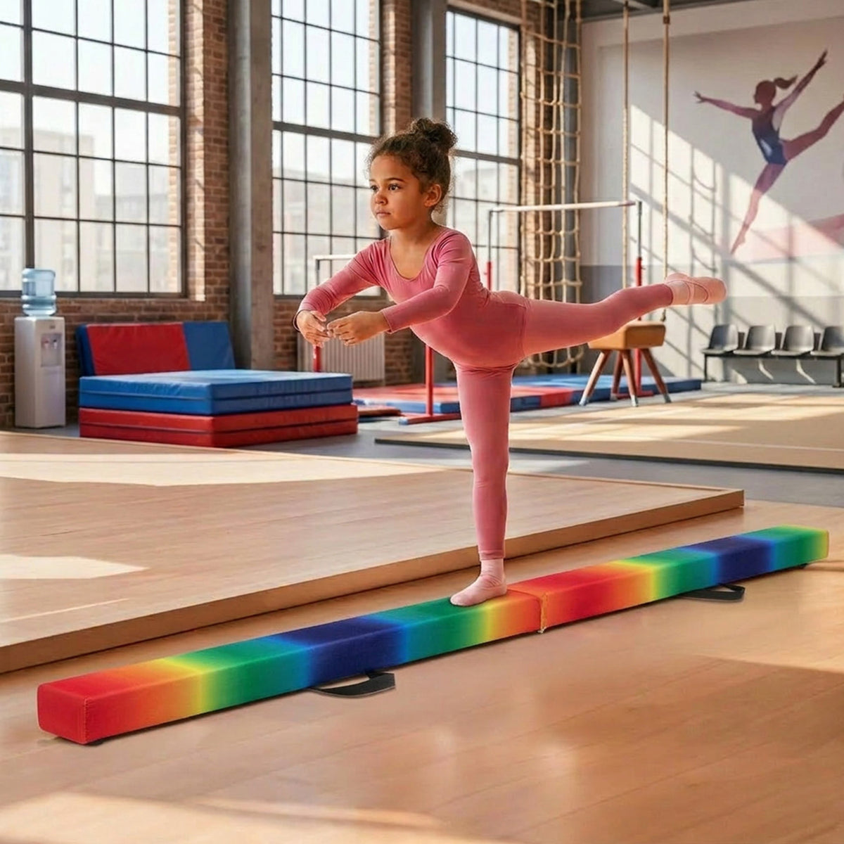 8FT Folding Balance Beam Solid Wood Base Anti Slip Bottom Gymnastics Training