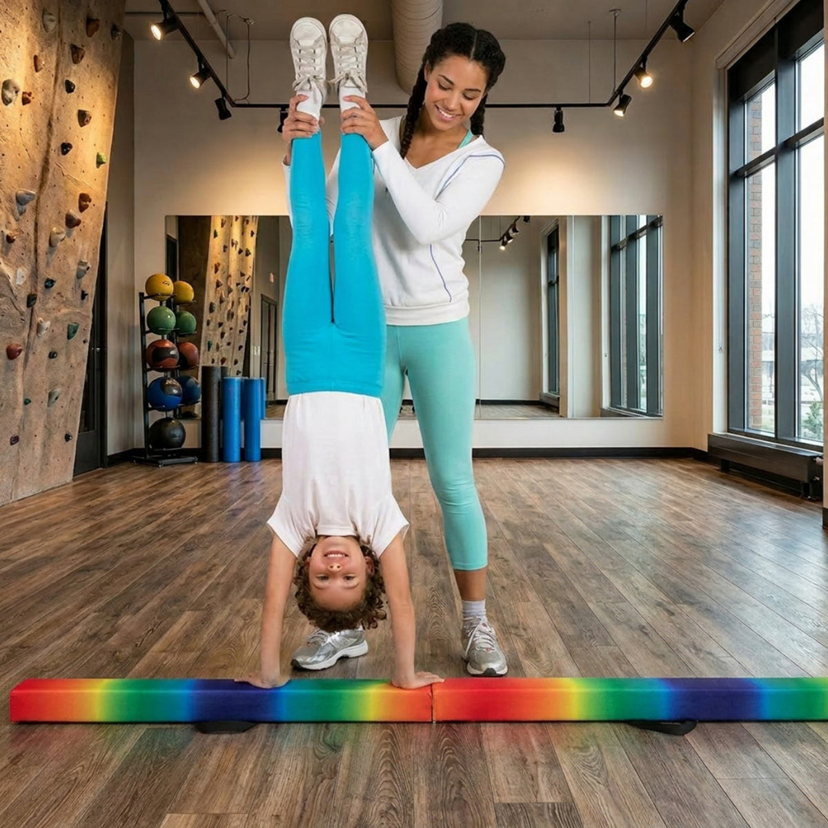 8FT Folding Balance Beam Solid Wood Base Anti Slip Bottom Gymnastics Training