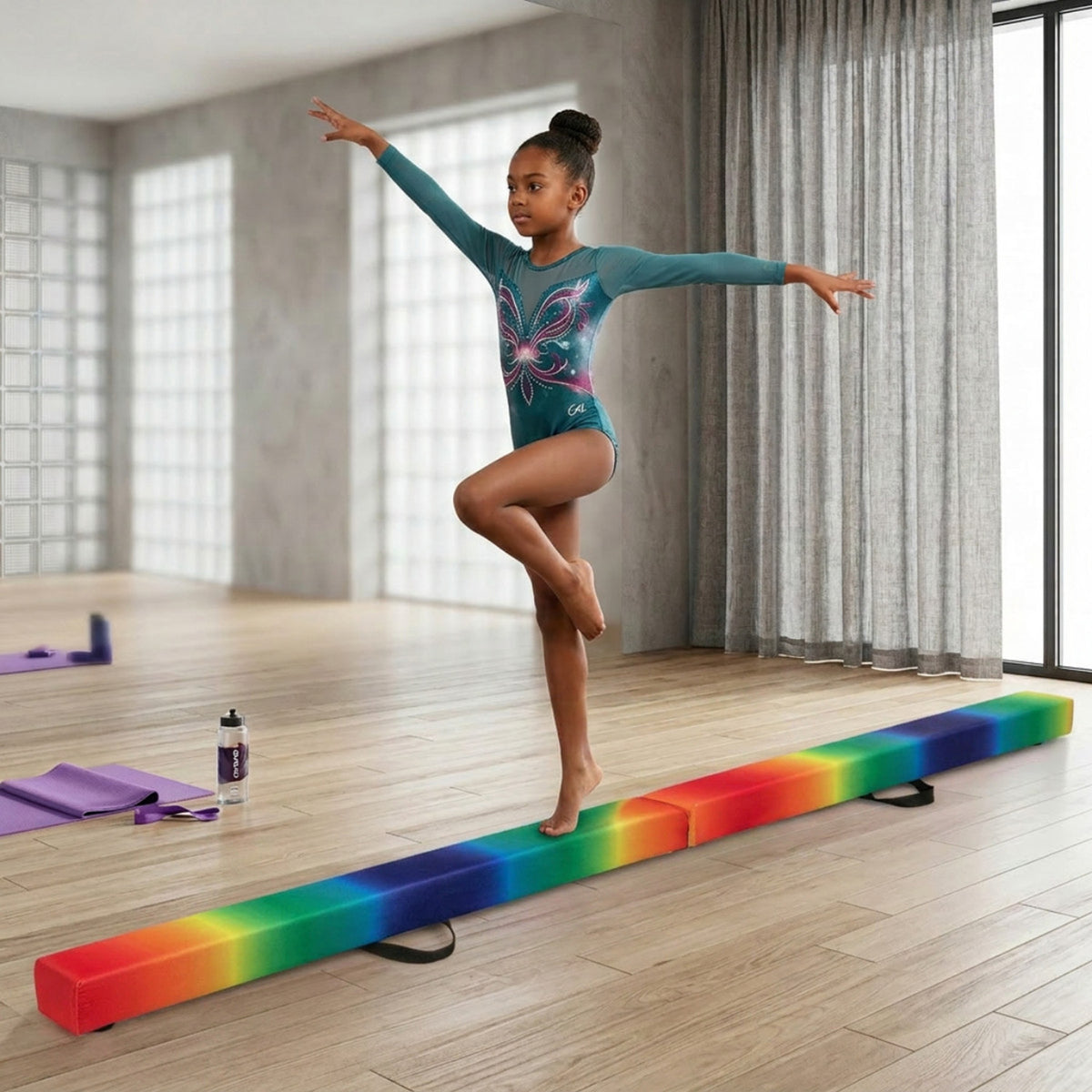 8FT Folding Balance Beam Solid Wood Base Anti Slip Bottom Gymnastics Training