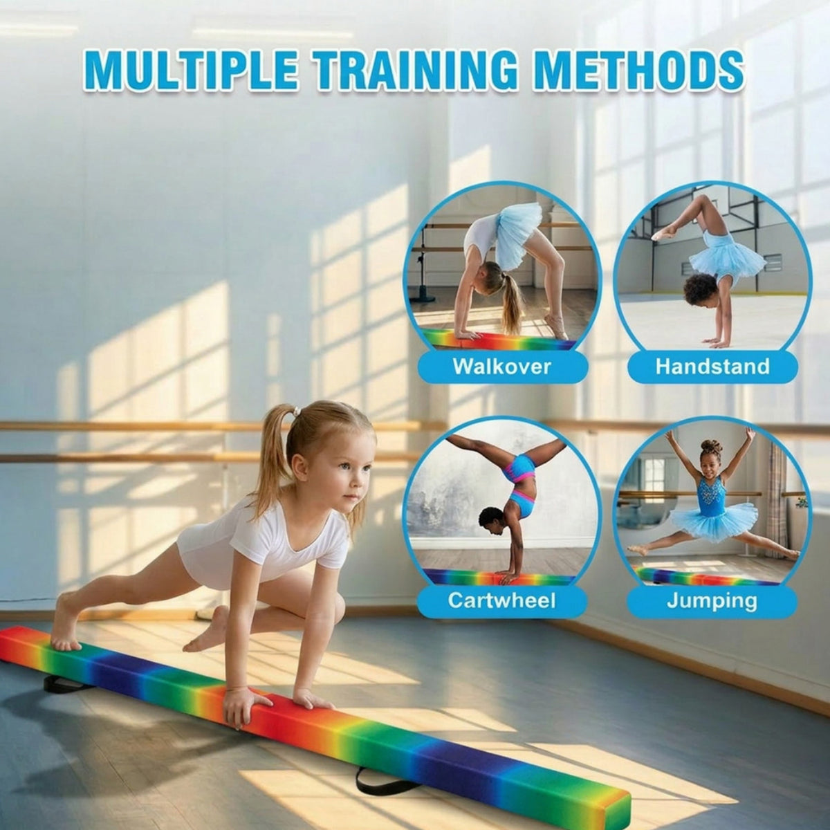 8FT Folding Balance Beam Solid Wood Base Anti Slip Bottom Gymnastics Training