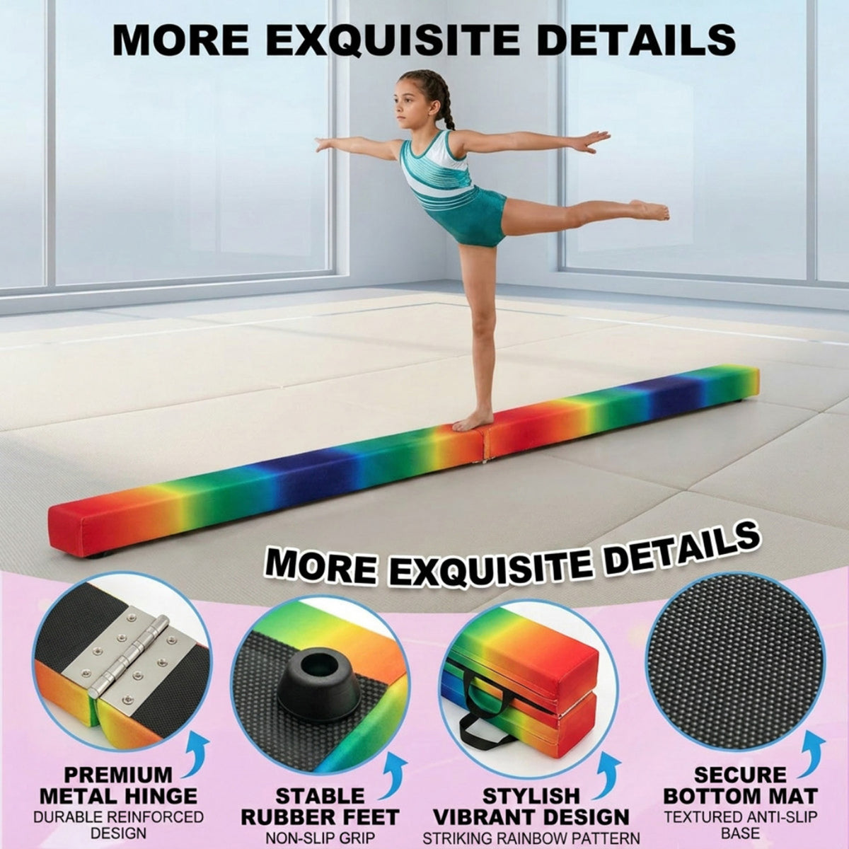 8FT Folding Balance Beam Solid Wood Base Anti Slip Bottom Gymnastics Training