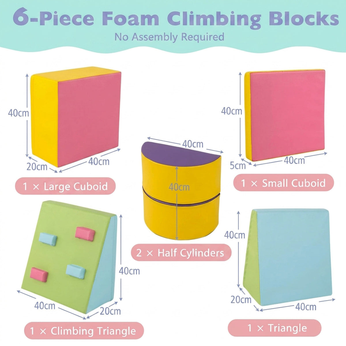 6 Piece Foam Climbing Blocks Hook Loop Fasteners Kids Play Gym Multicolour