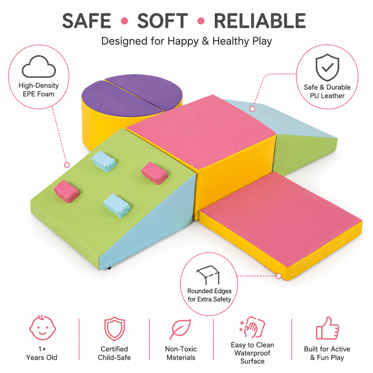 6 Piece Foam Climbing Blocks Hook Loop Fasteners Kids Play Gym Multicolour