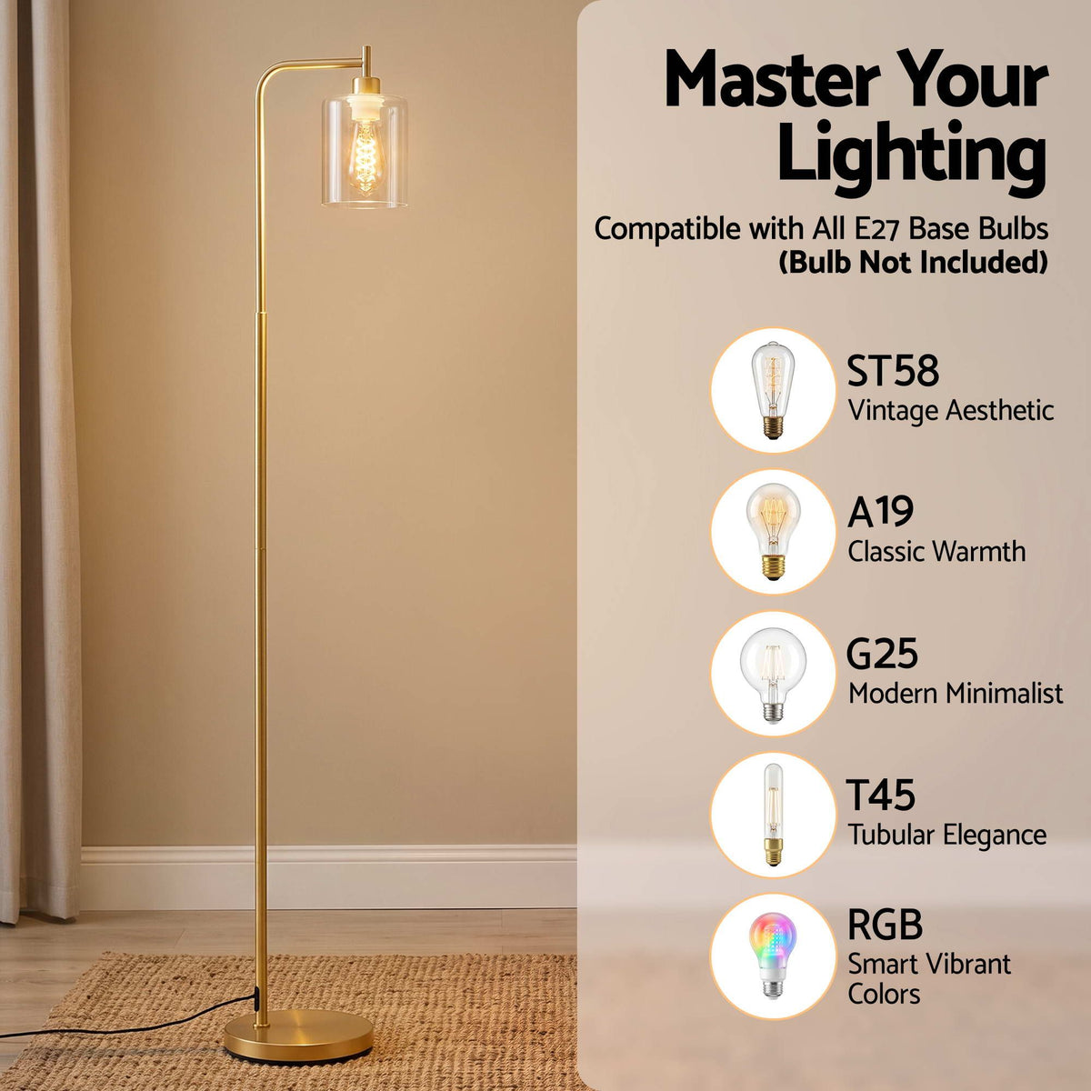 Artiss Modern Industrial Floor Lamp Standing Light Glass Shade Tall Metal Gold
