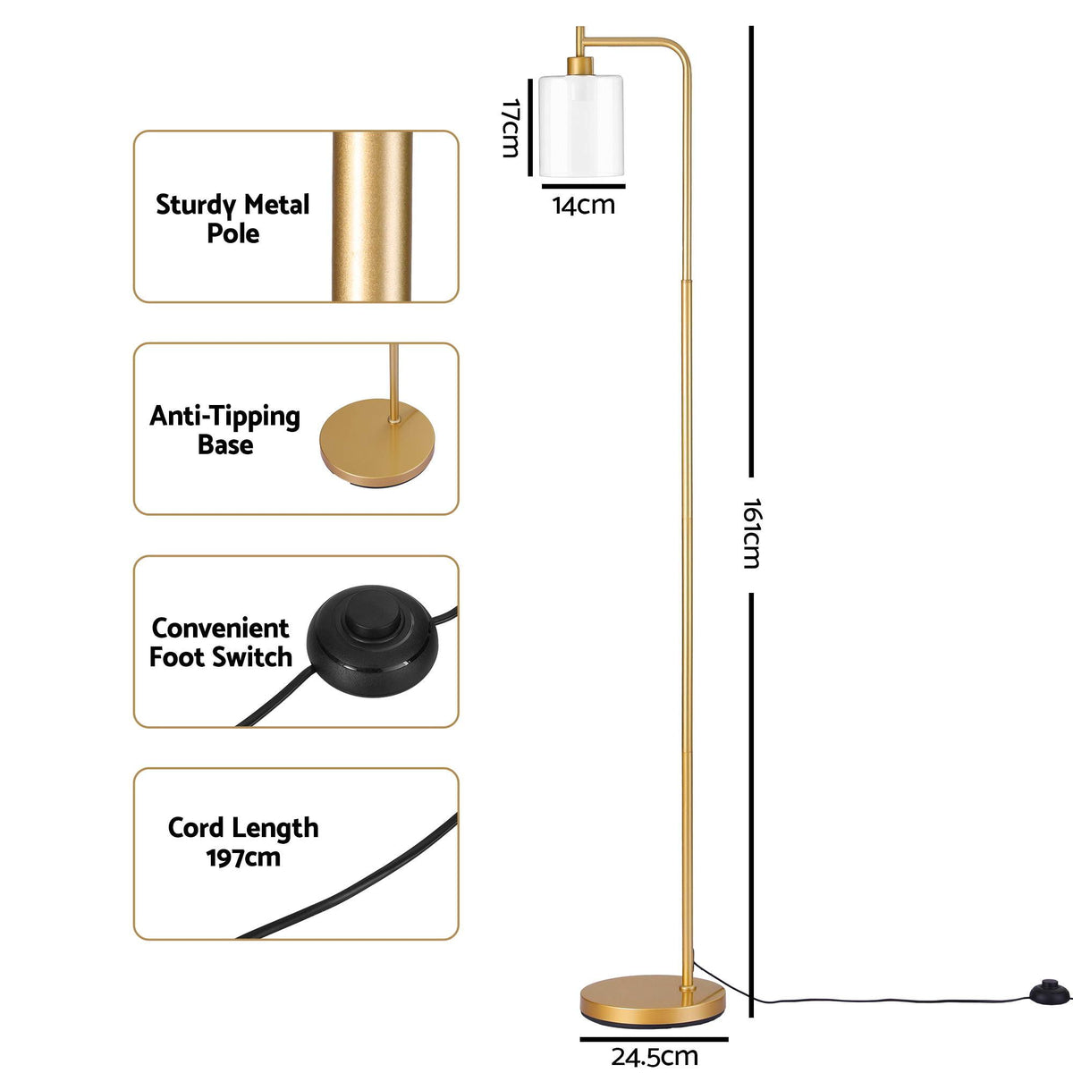 Artiss Modern Industrial Floor Lamp Standing Light Glass Shade Tall Metal Gold