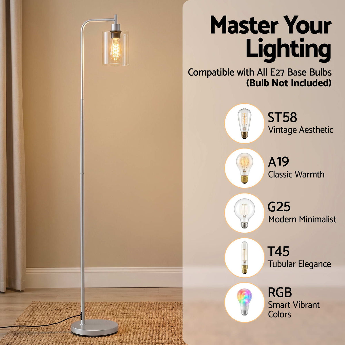 Artiss Modern Industrial Floor Lamp Standing Light Glass Shade Tall Metal Silver