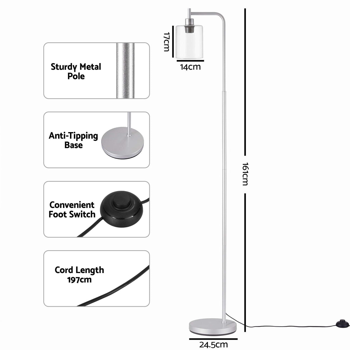 Artiss Modern Industrial Floor Lamp Standing Light Glass Shade Tall Metal Silver