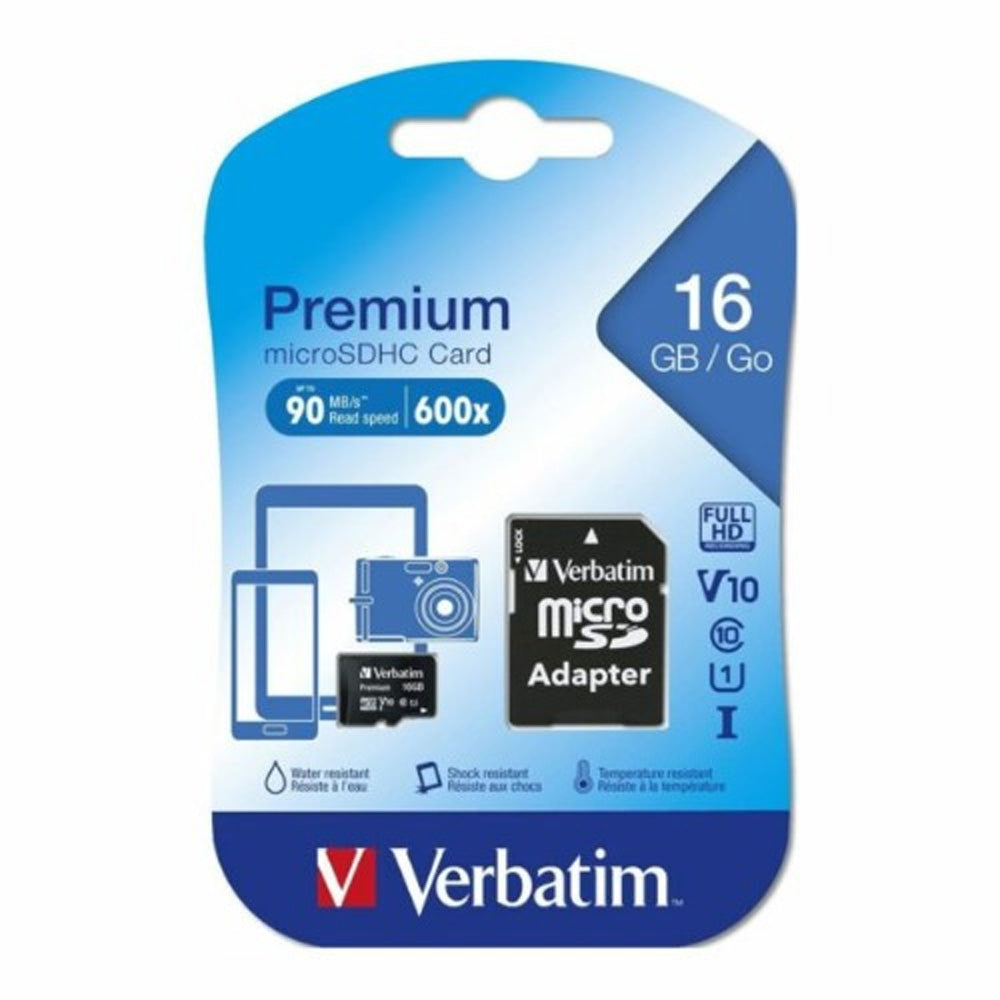 Verbatim Micro SDHC 16GB Class 10 Memory Card with Adaptor 300X Read Speed for Phones Tablets Cameras