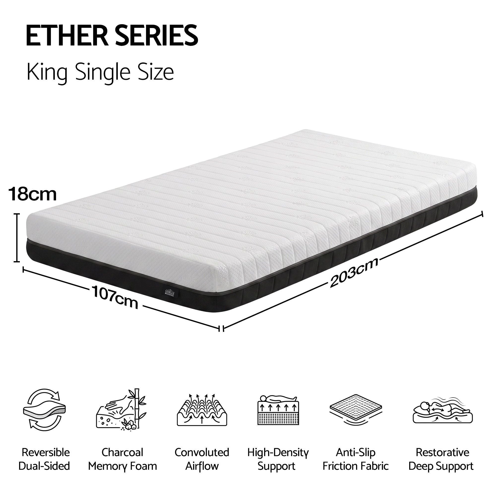 Giselle 18cm King Single Memory Foam Mattress Dual Feel Reversible Foam