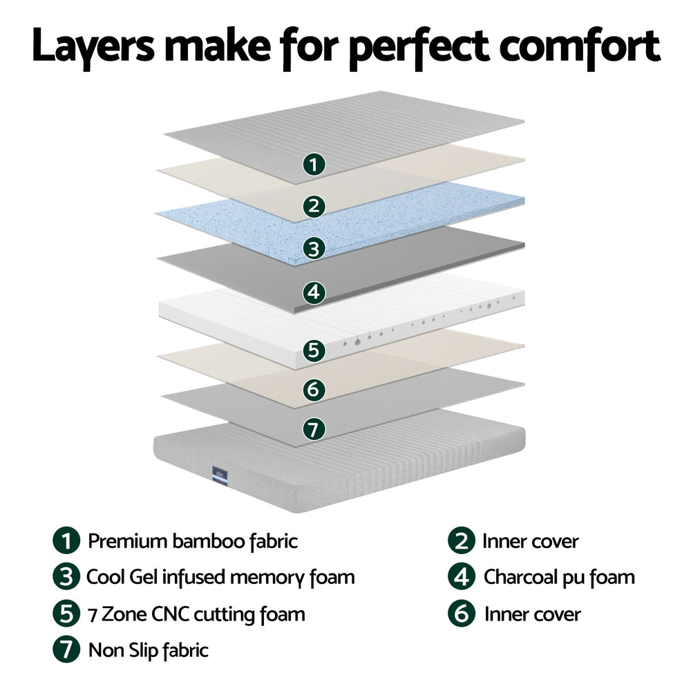 Giselle Bedding Cool Gel Memory Foam Mattress Charcoal 7-Zone Washable Bamboo Cover 15cm King Single