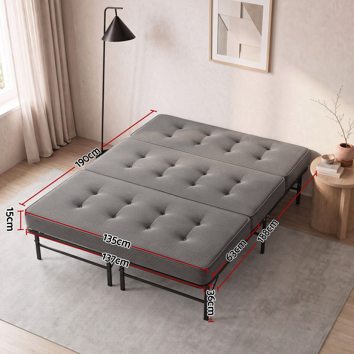 Giselle Double Folding Bed Mattress Metal Frame Guest Bed 15cm Foam Foldable