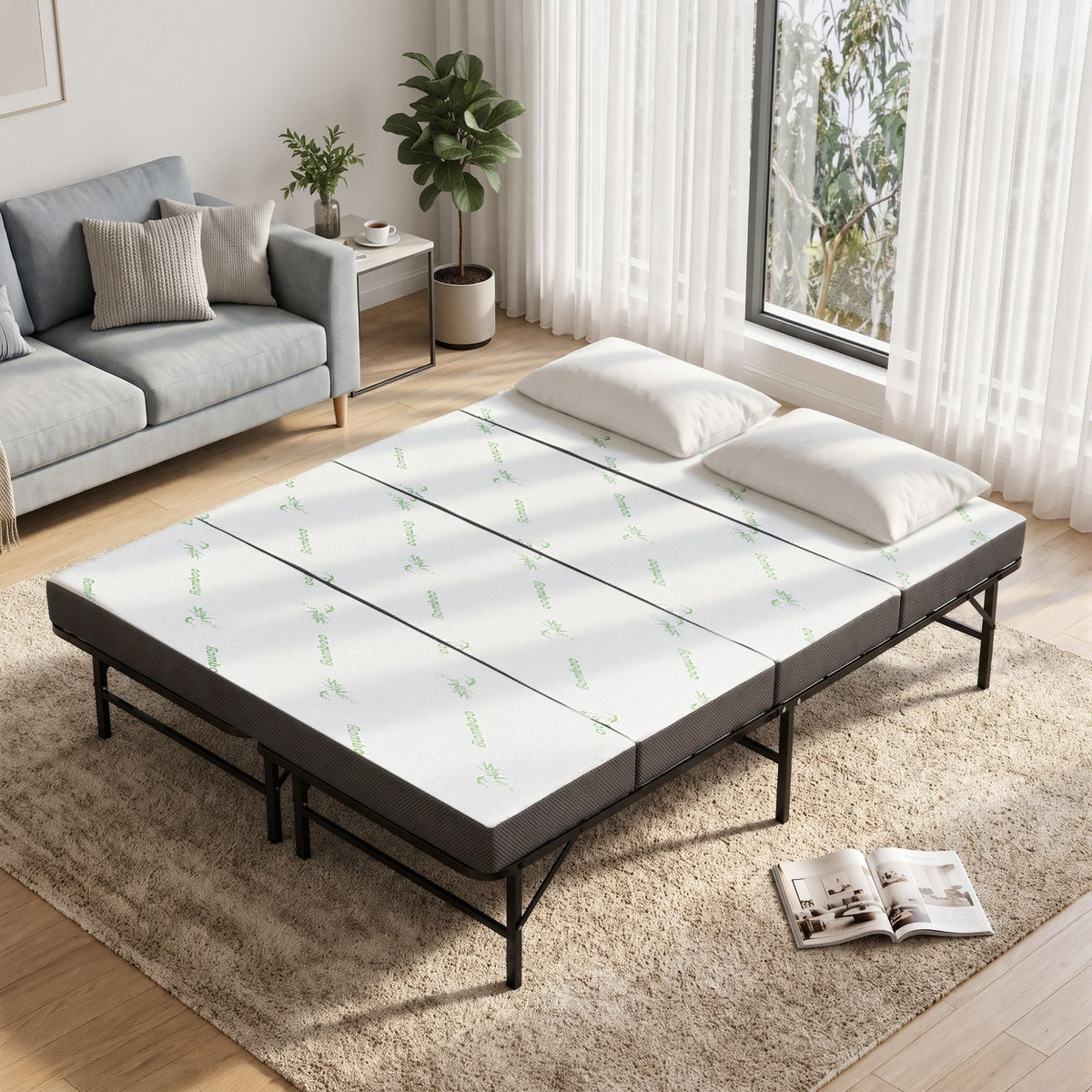 Giselle Double Folding Bed Mattress 4 Fold Metal Frame Guest Bed Bamboo Cover