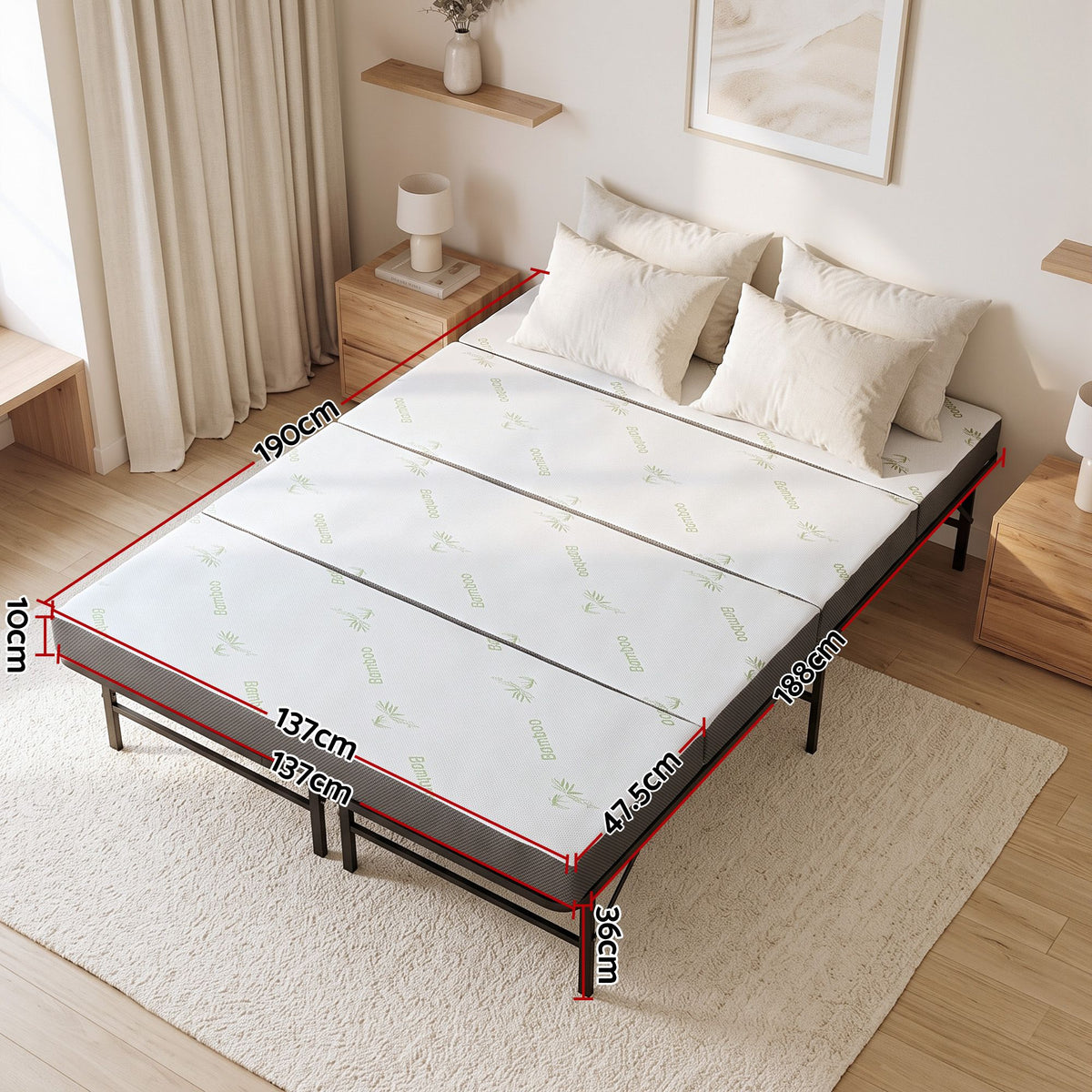 Giselle Double Folding Bed Mattress 4 Fold Metal Frame Guest Bed Bamboo Cover
