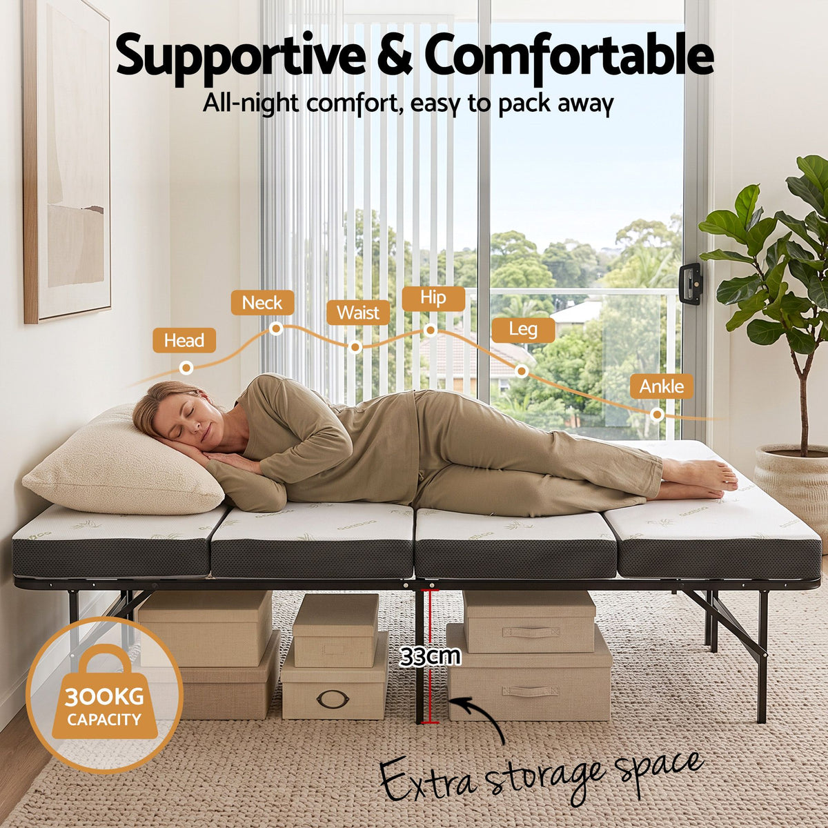 Giselle Double Folding Bed Mattress 4 Fold Metal Frame Guest Bed Bamboo Cover