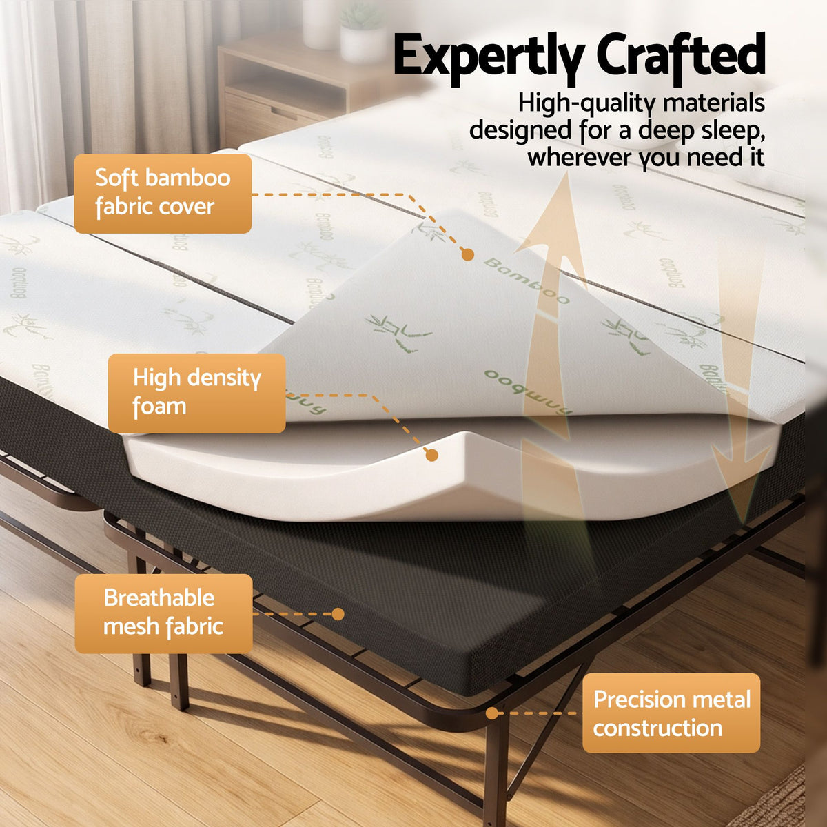 Giselle Double Folding Bed Mattress 4 Fold Metal Frame Guest Bed Bamboo Cover
