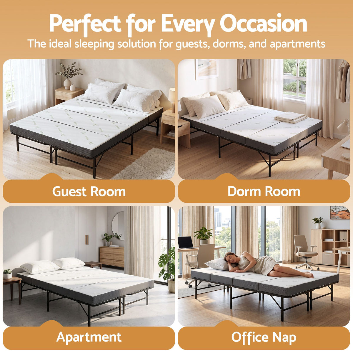 Giselle Double Folding Bed Mattress 4 Fold Metal Frame Guest Bed Bamboo Cover