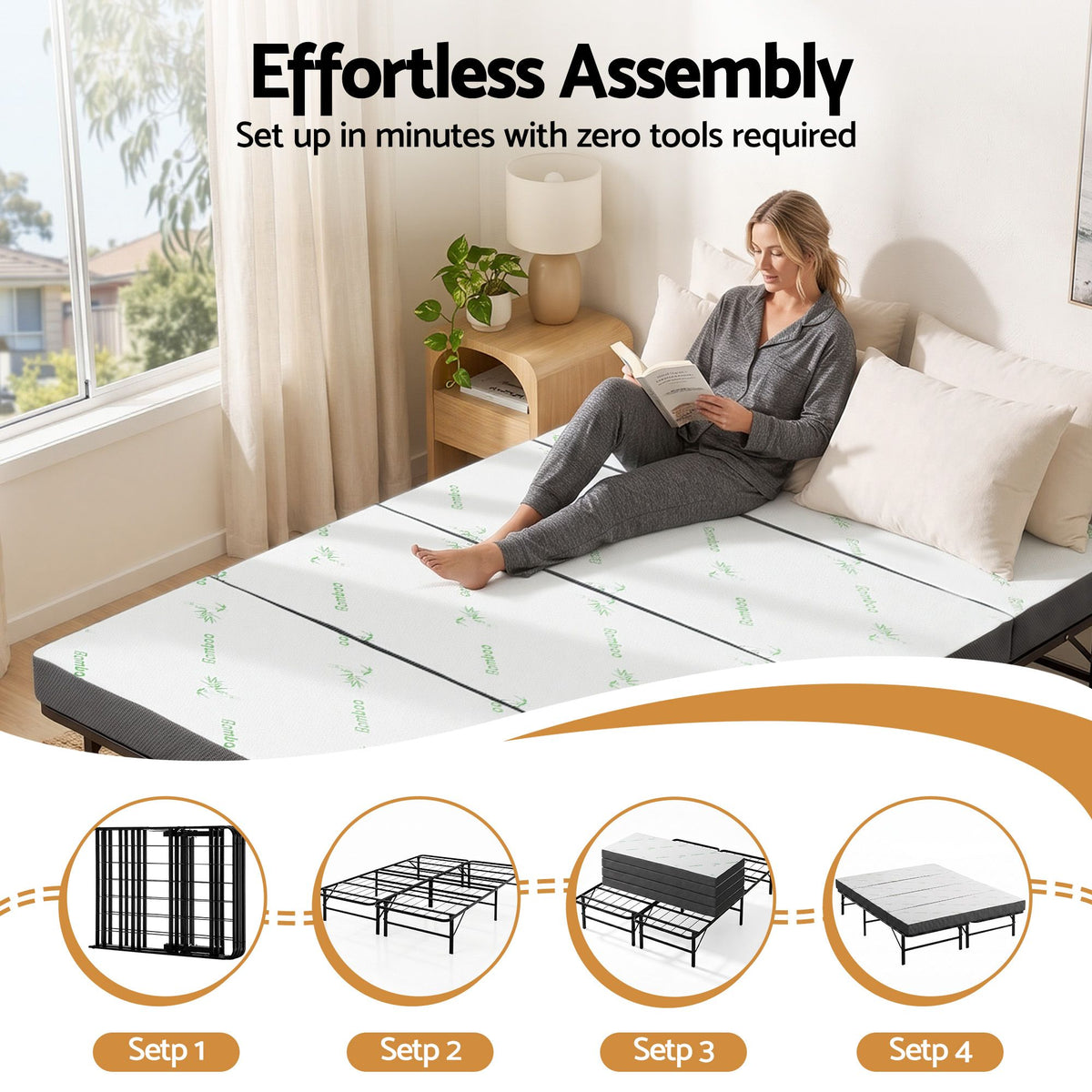 Giselle Double Folding Bed Mattress 4 Fold Metal Frame Guest Bed Bamboo Cover