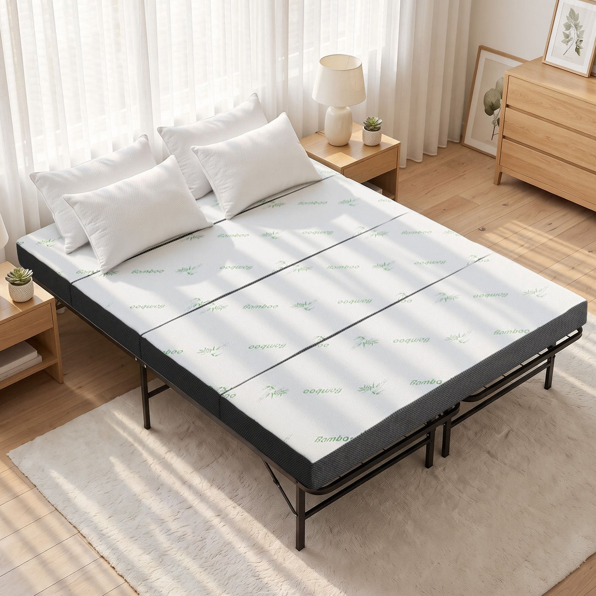 Giselle Double Folding Bed Mattress 4 Fold Metal Frame Guest Bed Bamboo Cover