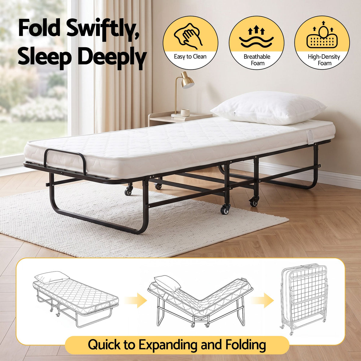 Artiss Folding Bed with Mattress, Portable Rollaway 150kg Capacity 190CM