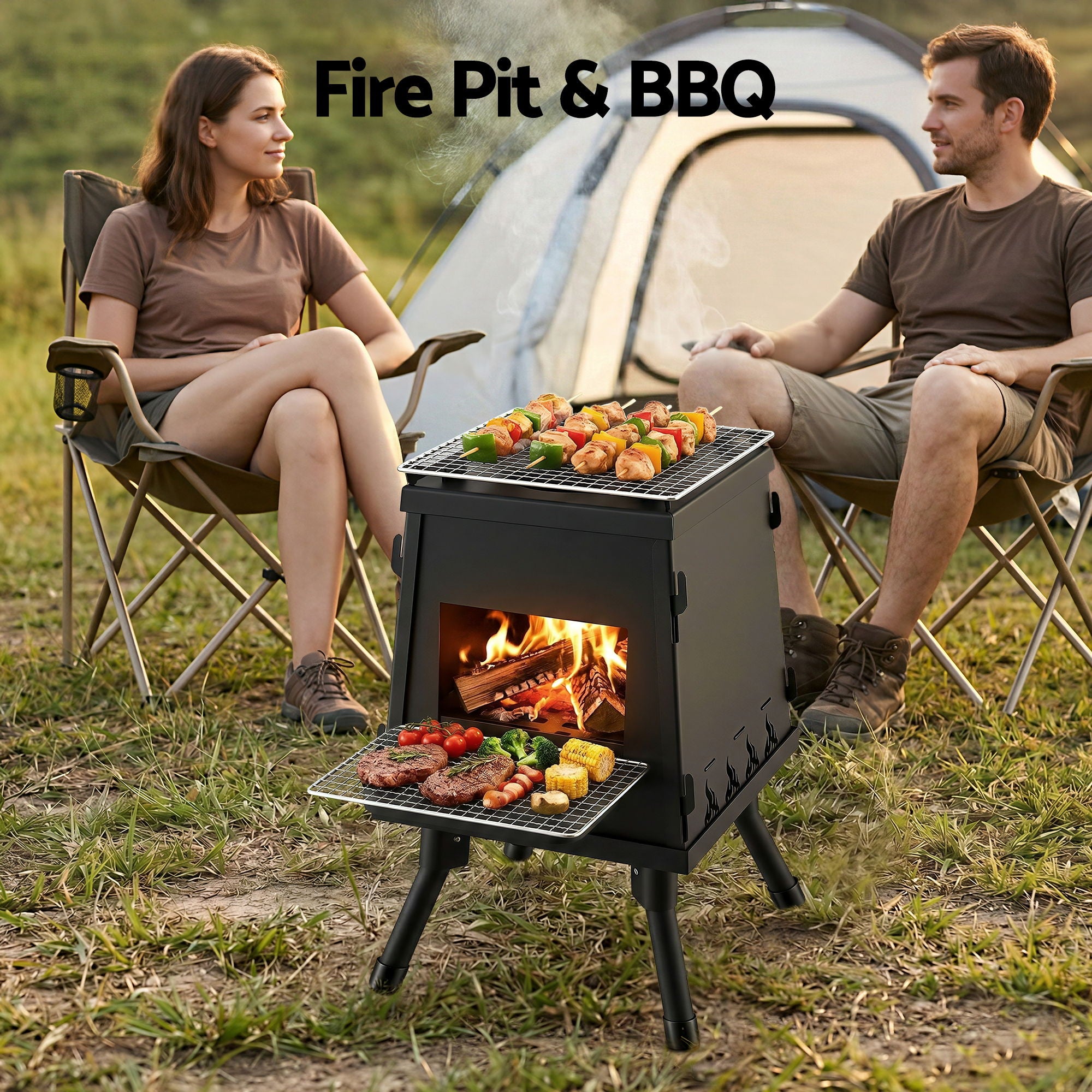 Grillz Fire Pit BBQ Portable Outdoor Fireplace Metal Camping Stove for Picnic