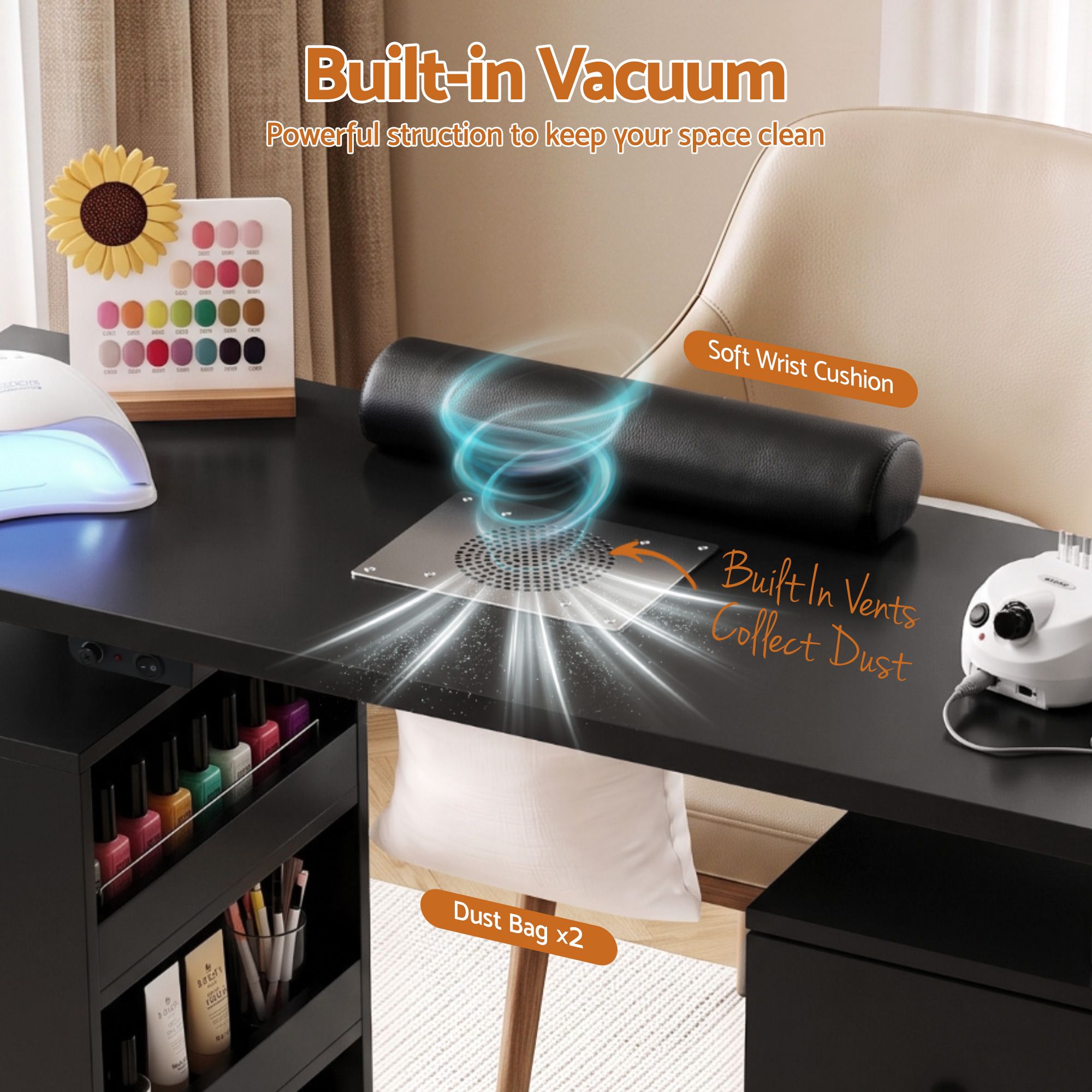Artiss Manicure Table Nail Desk Built-in Dust Collector Salon Station Black