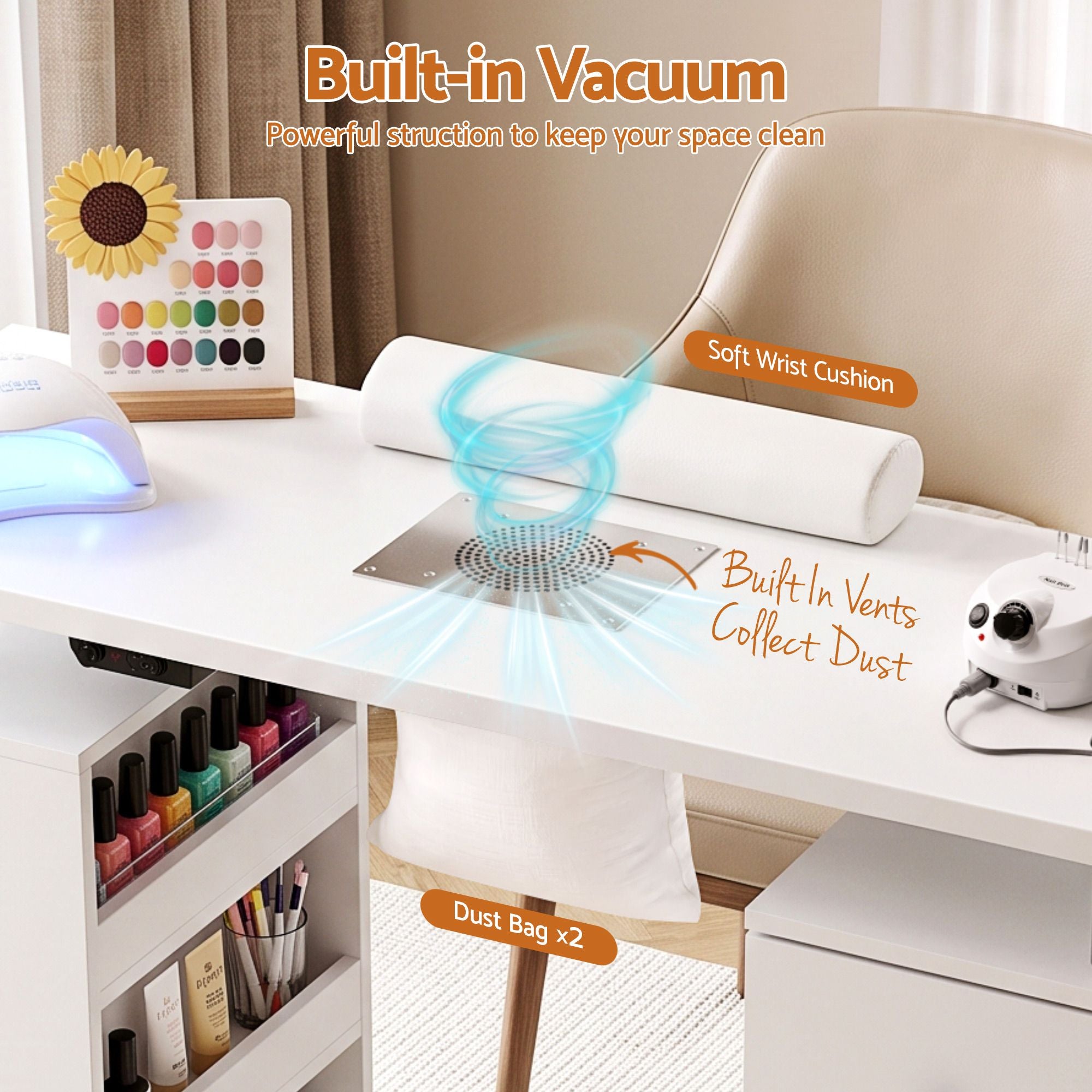 Artiss Manicure Table Nail Desk Built-in Dust Collector Salon Station White