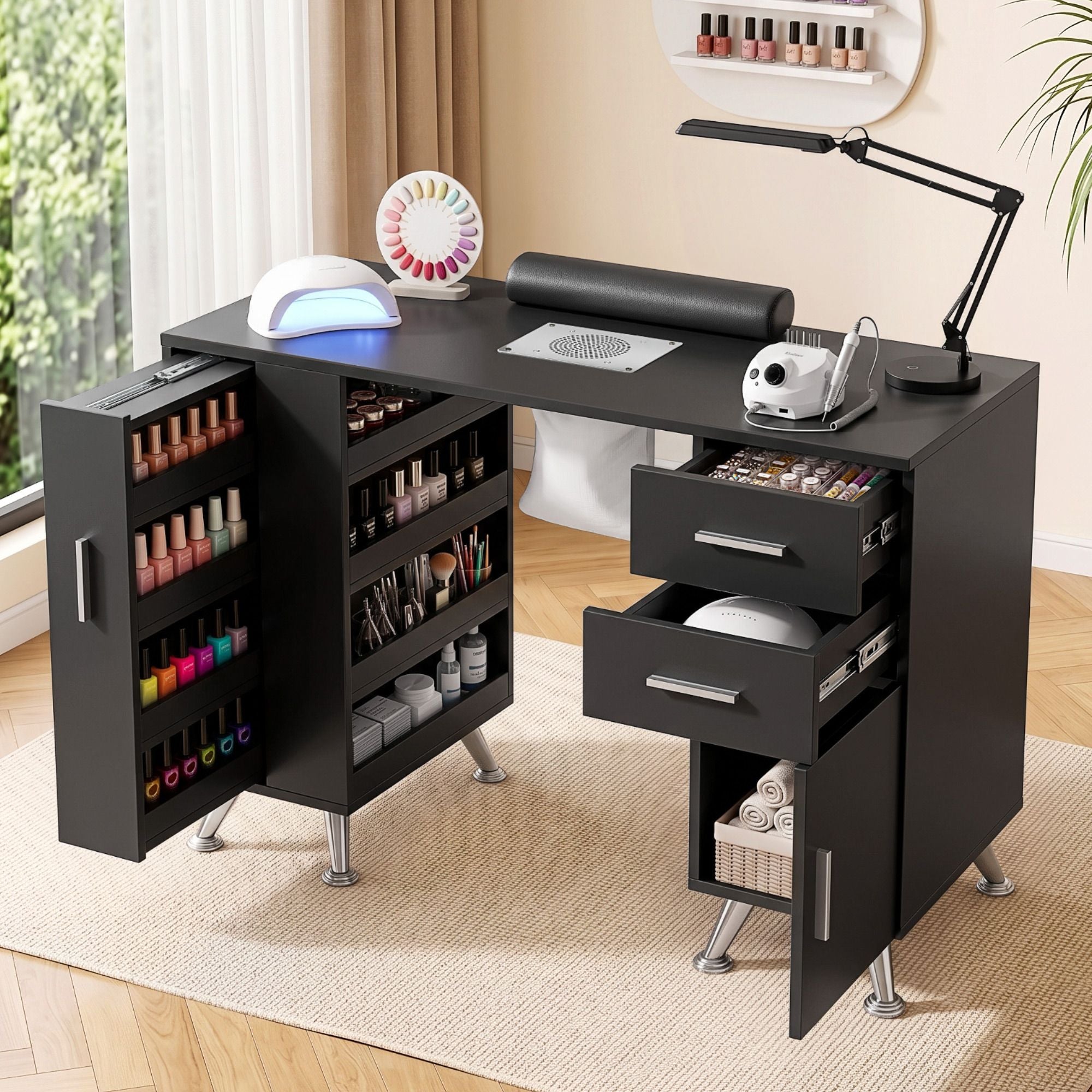 Artiss Manicure Table Nail Desk Dust Collector Shelves Wrist Cushion Black
